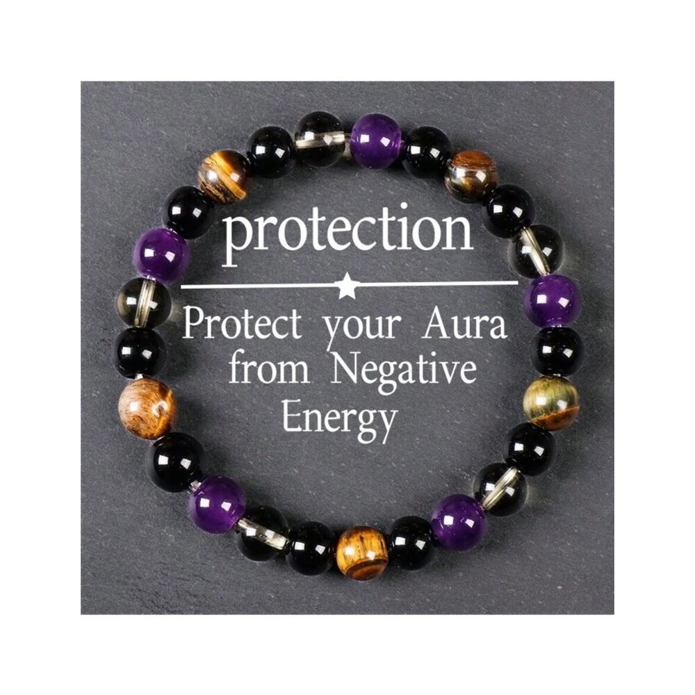 Natural Tiger Eye & Amethyst Beaded Bracelet, Stretchy Healing Crystal Bracelet